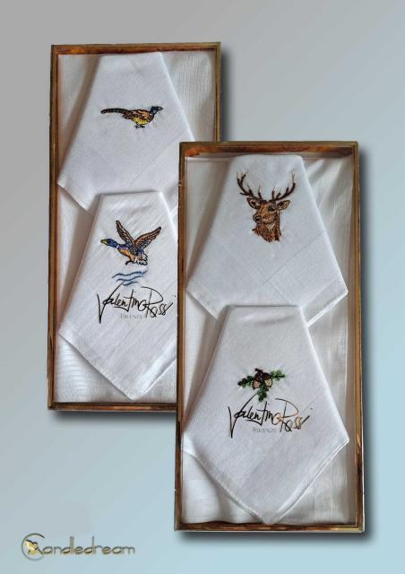 3er Pack weiße Stofftaschentücher Jägertaschentuch Geschenkpackung mit Wildmotiven Jagd Hirsch Ente Fasan Eichel